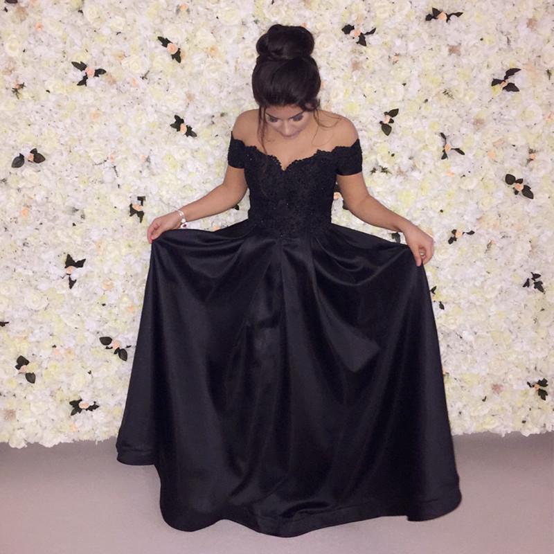 Elegant Lace Appliques V-neck Off-the-shoulder Floor Length Satin Evening Dresse