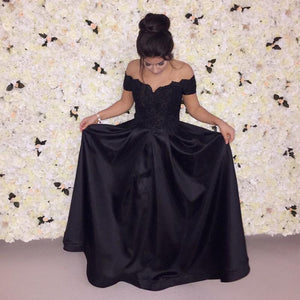 Elegant Lace Appliques V-neck Off-the-shoulder Floor Length Satin Evening Dresse