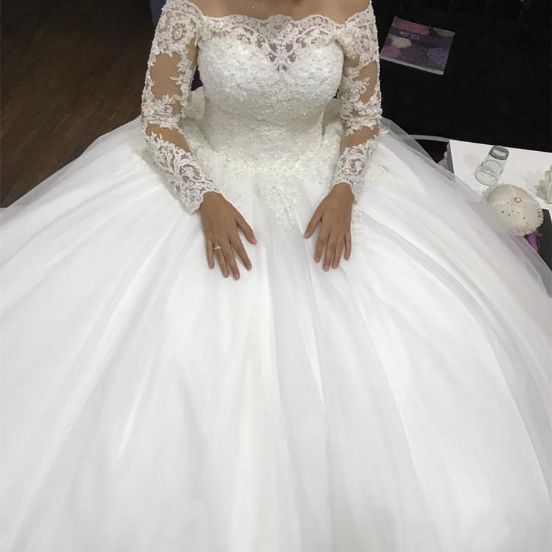 Vintage Lace Long Sleeves Tulle Ball Gown Wedding Dresses Off The Shoulder