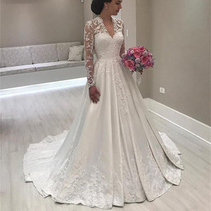 Vintage Lace Long Sleeves V Neck Wedding Dresses Princess 2018