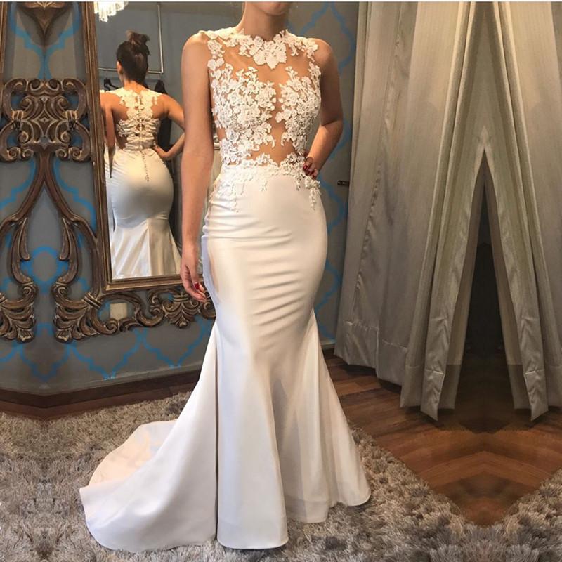 Elegant White Satin Mermaid Wedding Dresses Lace Appliques
